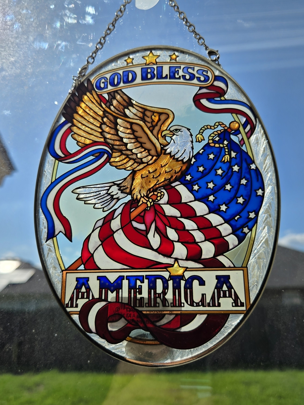 AMIA Hand Painted Glass Suncatcher God Bless America Eagle 5x7 NIB